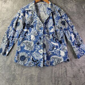 Coldwater Creek Womens Medium Blue White Paisley Artsy Vibe Button Up Shirt Top